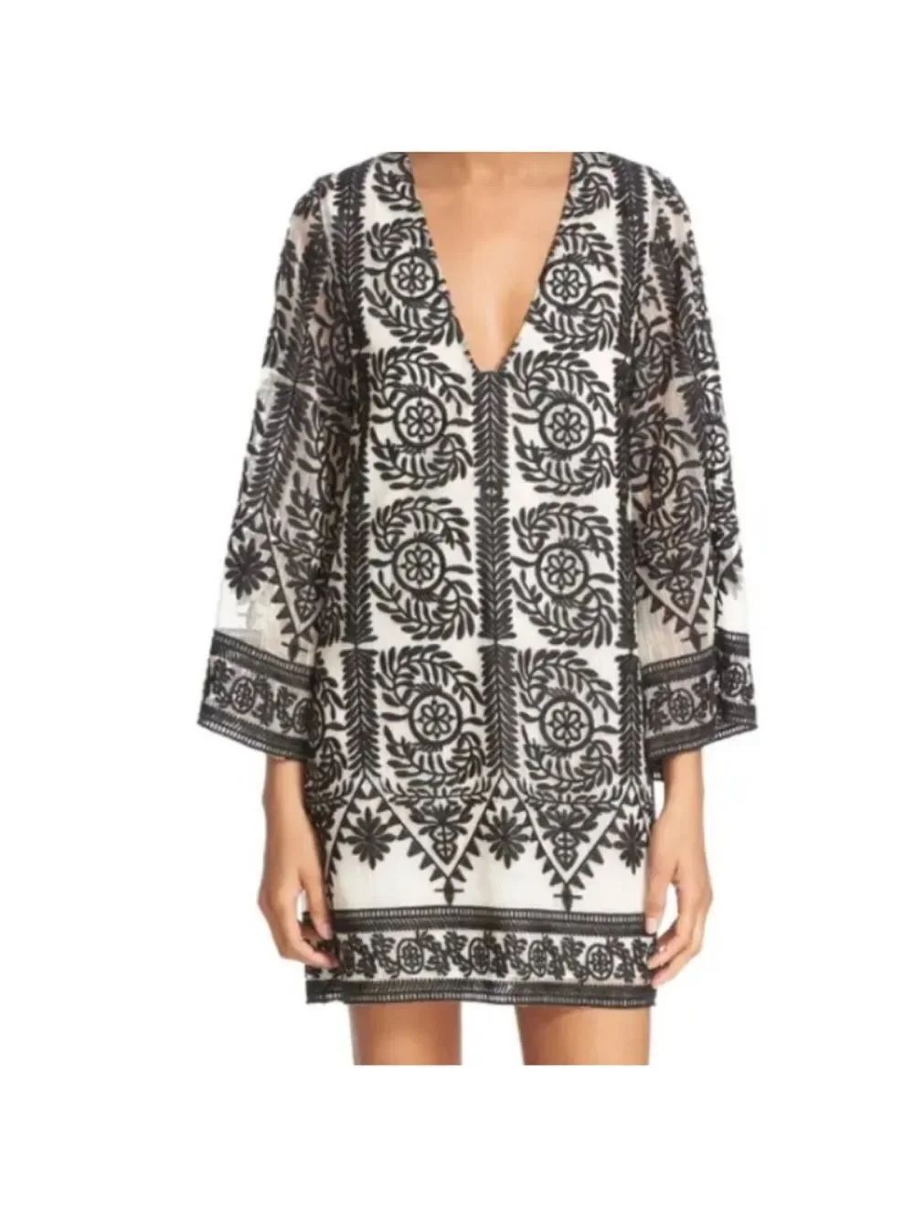 Alice + Olivia Katt Embroidered Boho Kaftan Mini Dress Xs